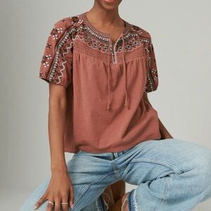 LUCKY BRAND Women’s Short Sleeve Embroidered Swing Top-Cinnamon color-SIZE SMALL